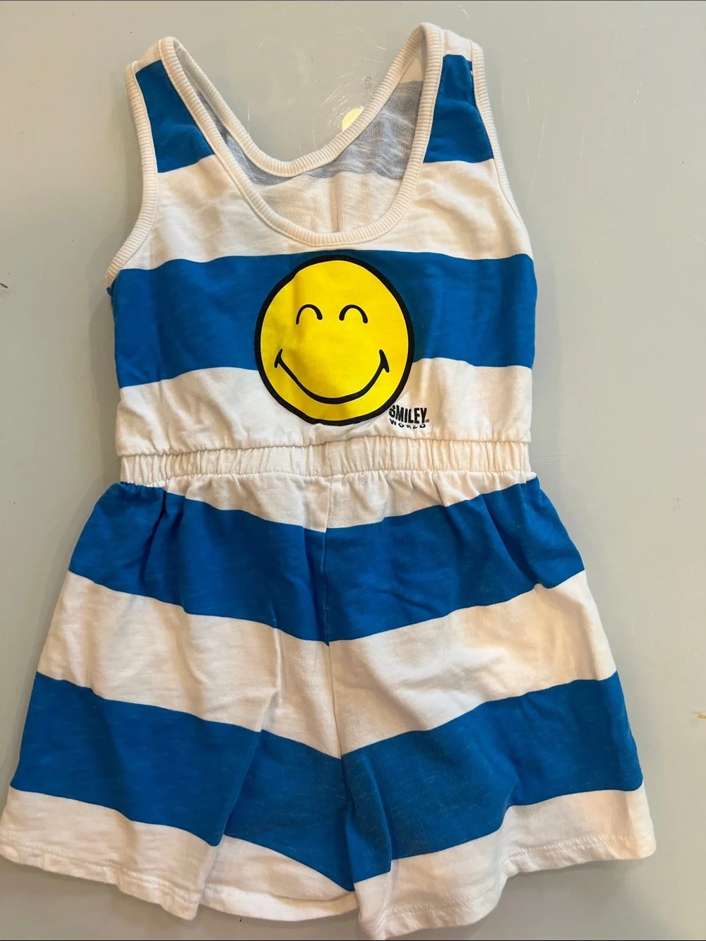 Zara Blue and White Striped Kids Romper with Smiley Graphic
